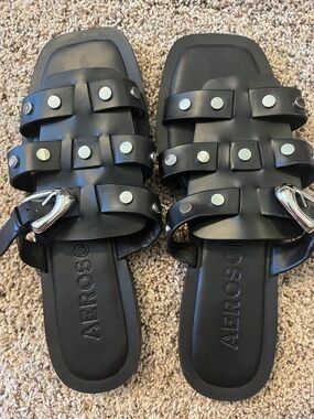 AEROSOLES Black Studded Slide Sandals
